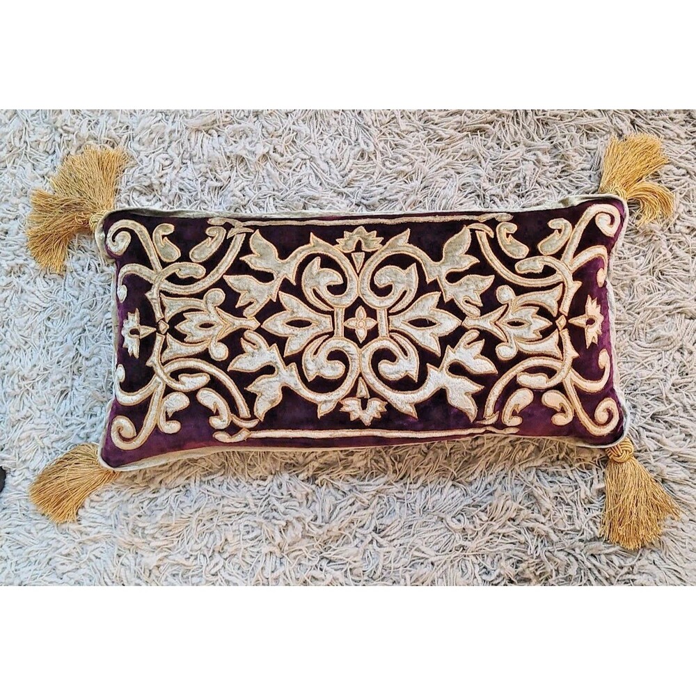 Gerry Nichol Burgundy Gold Cream Scroll Tapestry Velvet Tasseled Pillow 23 x 12”
